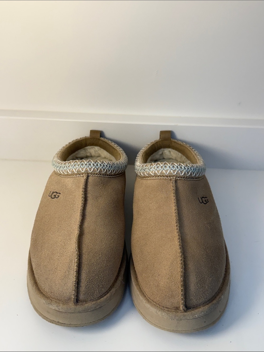 UGG Sand Suede Tasman Slippers w/ Light Blue Braid - Youth Size 6 (~ Woman 7.5)